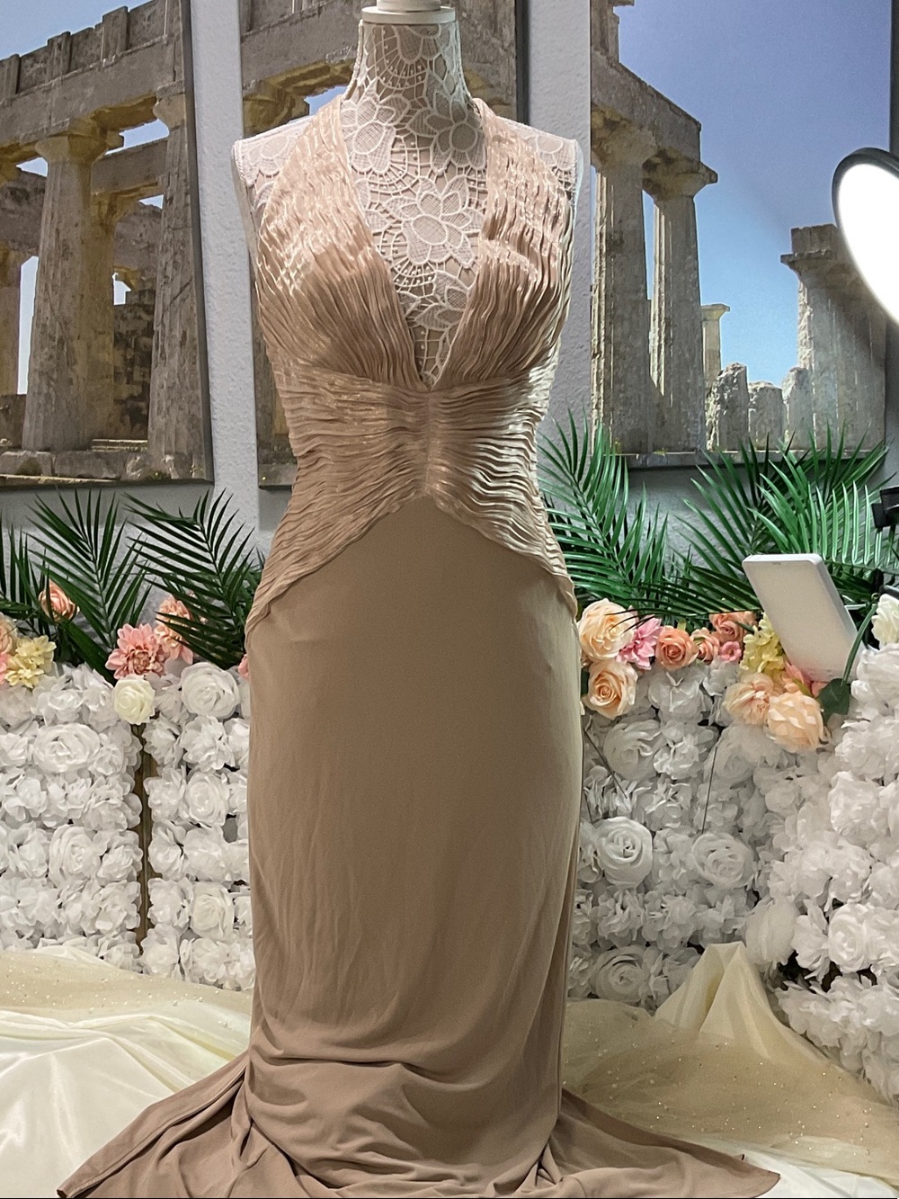JLUXLABEL Ruched V-Neck Prom Gown in Beige